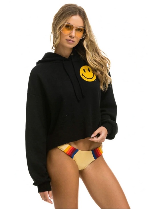 Aviator Nation Smiley 2 Relaxed Cropped Pullover Hoodie Black Size S - Picture 3 of 13